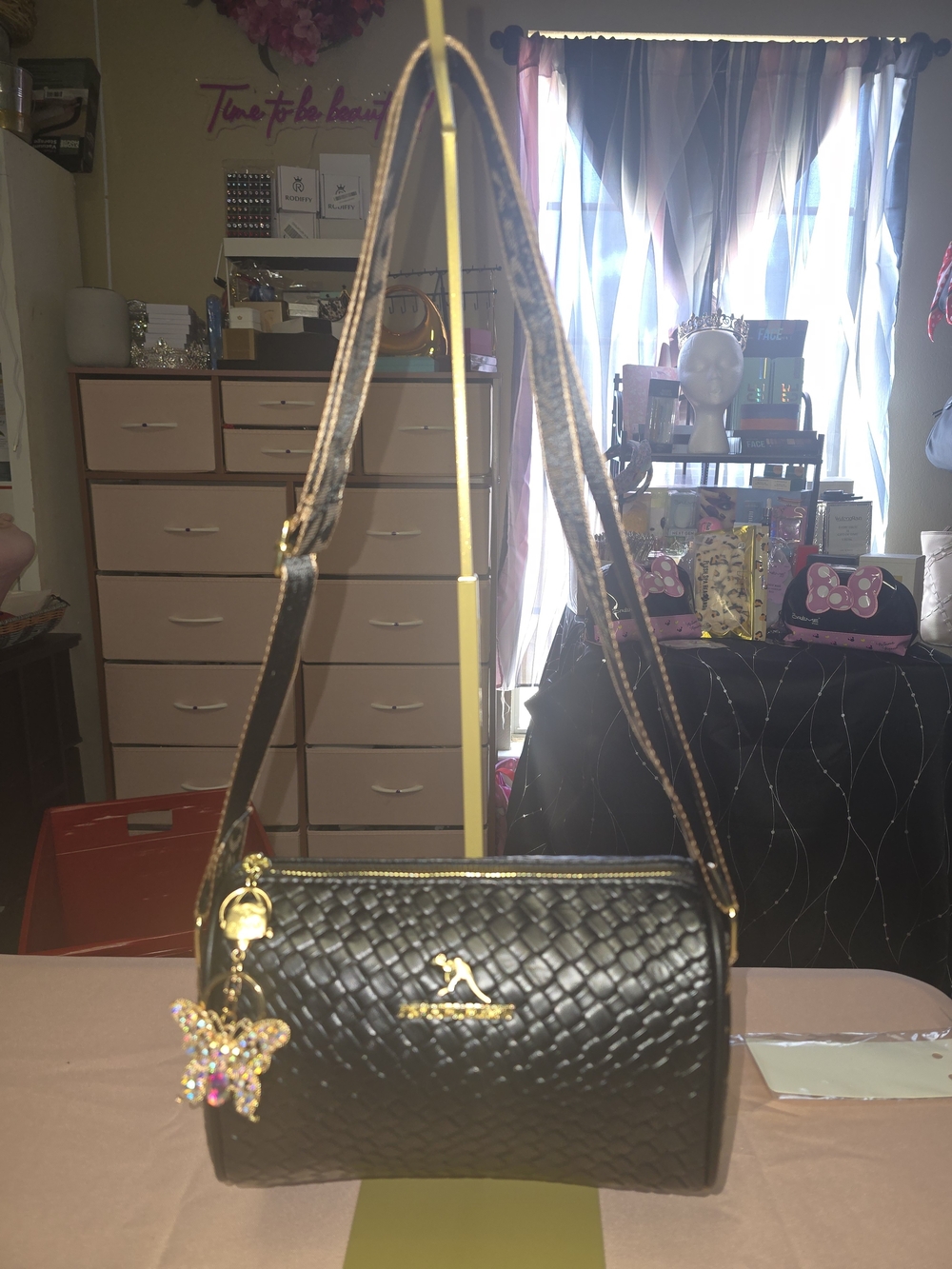 Black Woven Crossbody Bag with Gold Accents and Butterfly Charm W/Mystery Gifts